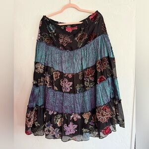 NY Collection Floral Velvet Burnout Tiered Maxi Skirt L